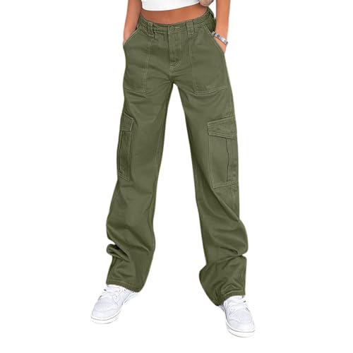 Cargo Pants Women Cute Pants Baggy Straight Wide Leg Pants with Pockets Y2k Streetwear Army Green