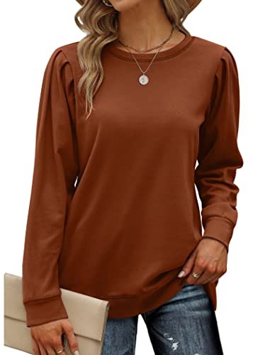 Geifa Womens Fall Clothes 2023 Crewneck Sweatshirts Puff Sleeve Tops Trendy Brown M