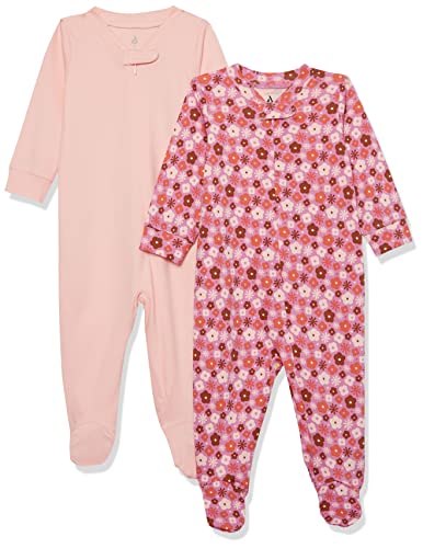 Amazon Essentials Unisex Babies' Organic Cotton Footed Sleep and Play (Previously Amazon Aware), Pack of 2, Light Pink/Pink Floral Print, 3-6 Months